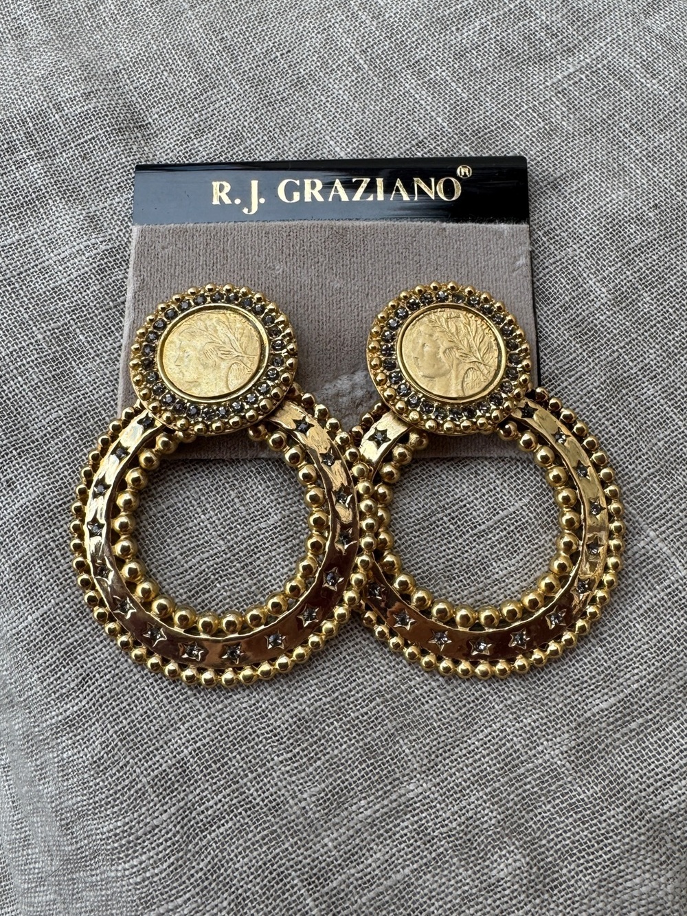 Vintage RJ Graziano Gold Coin Drop Earrings